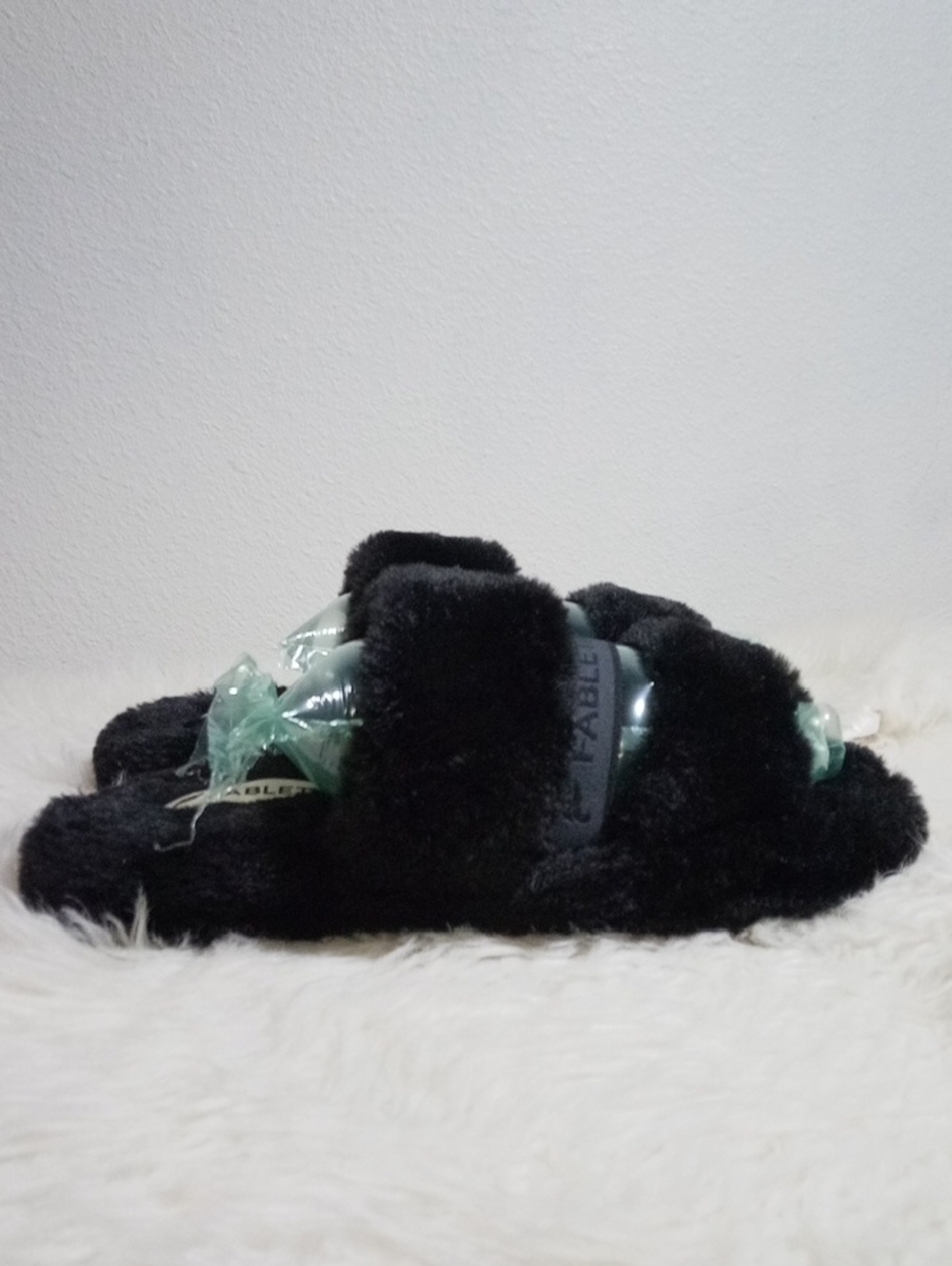 Fabletics Black Plush Fuzzy Slide Slippers